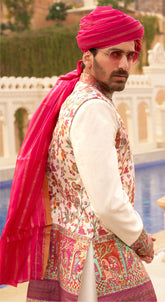 Exclusive latest white designer mens indowestern sherwani kurta in pure pv silk and foil print  with handwork